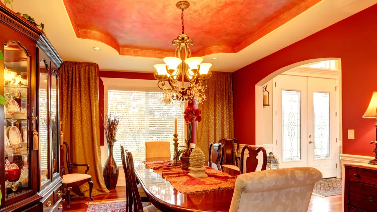 luxury dining room in bright red colors