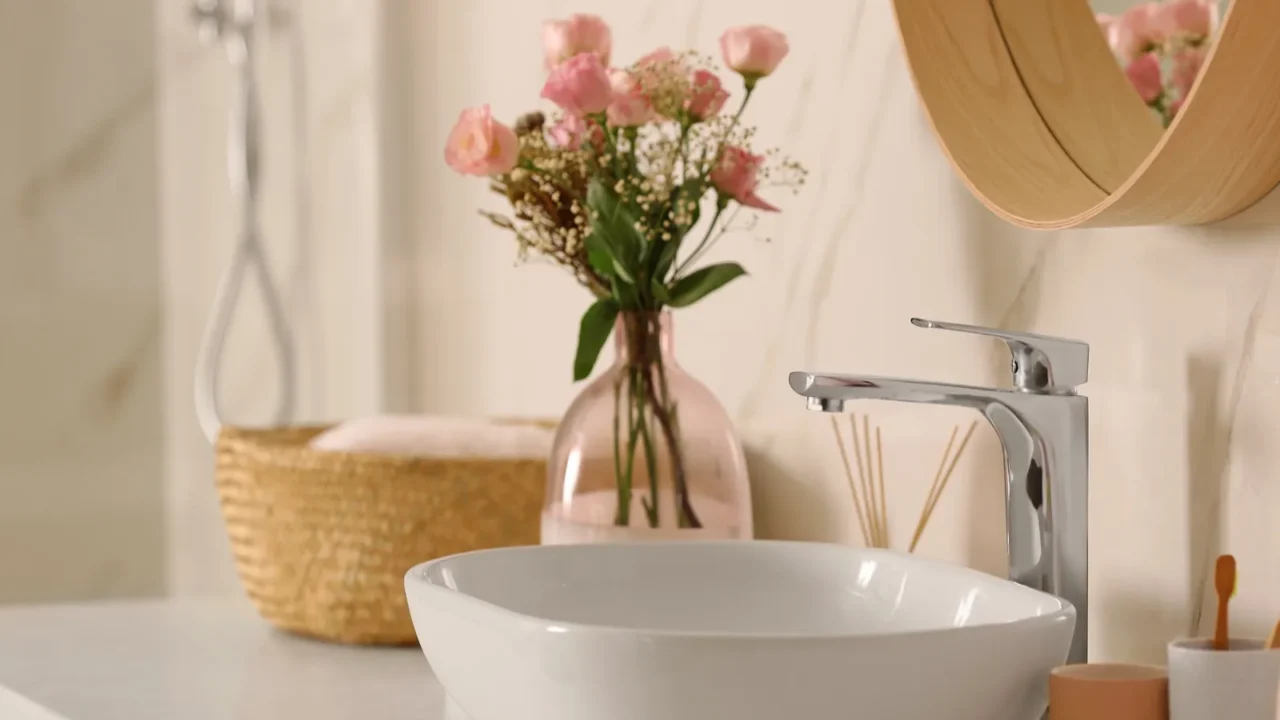 modern bathroom interior with vessel sink and decor elements