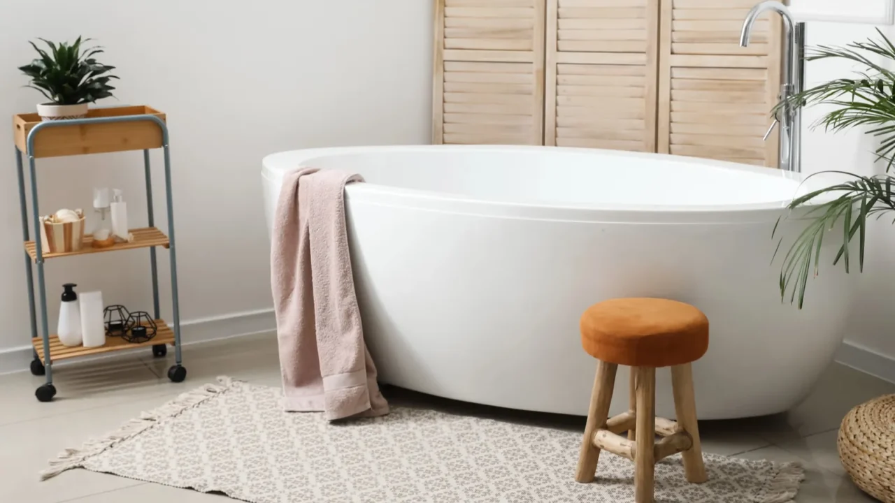 modern bathtub with cosmetics and houseplant in light interior