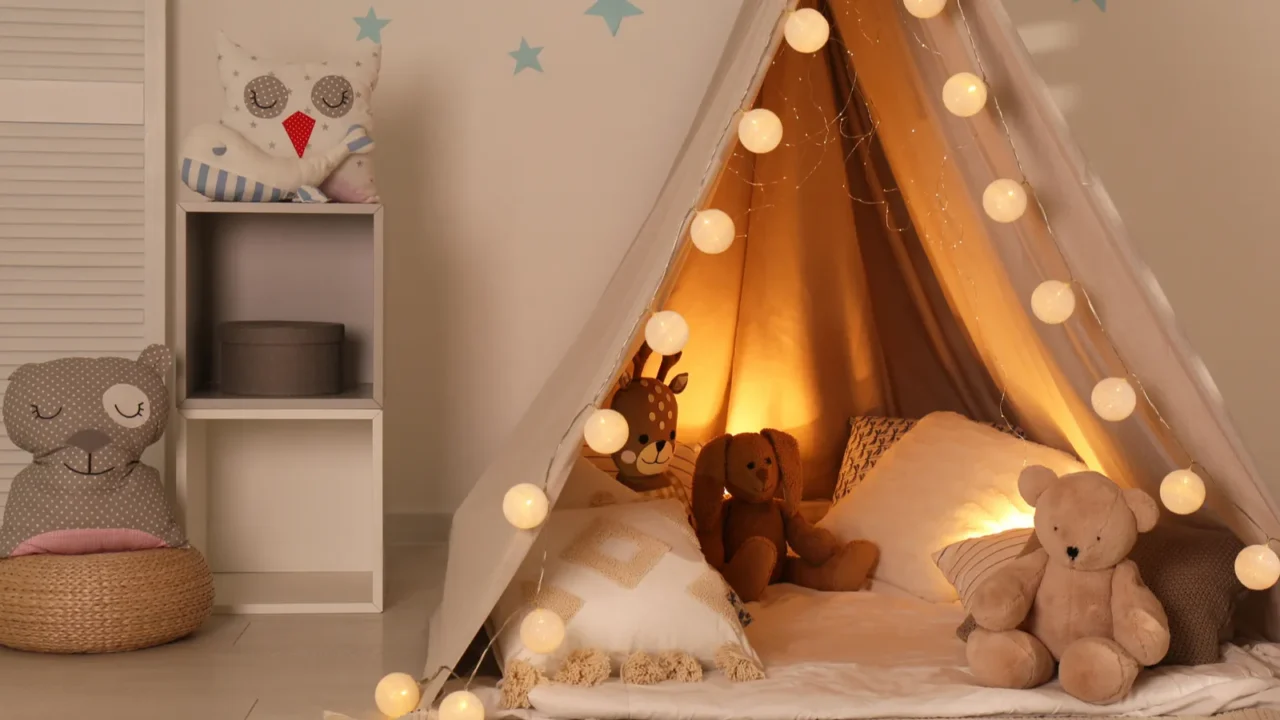 modern childrens room interior with play tent and lights