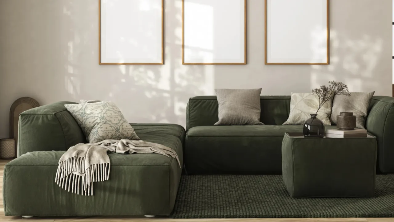 modern interior of open space with design modular green sofa