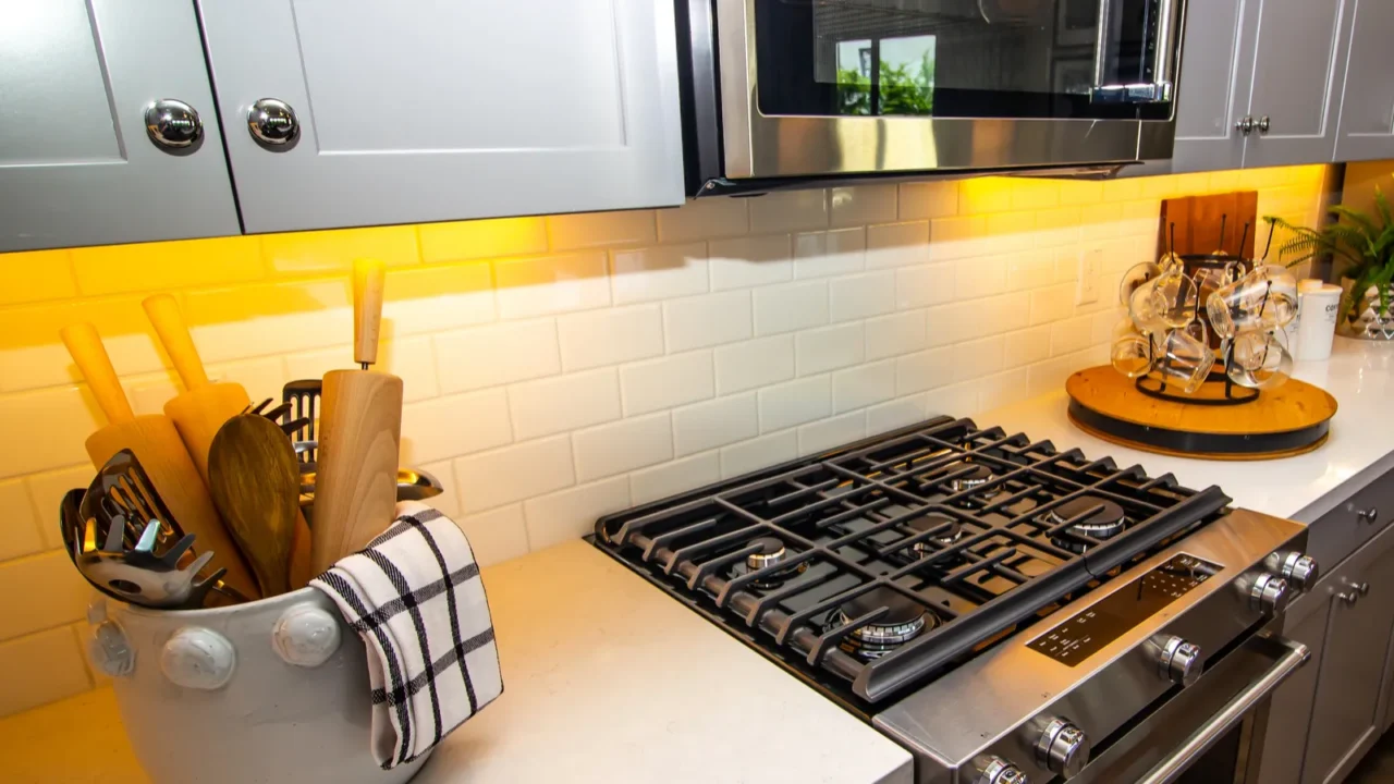 modern kitchen counter top with decorator items