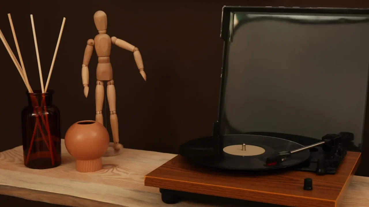 modern turntable with vinyl disc on wooden table indoors interior