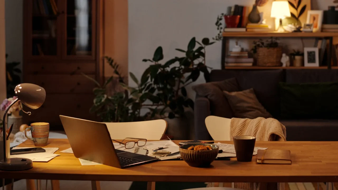 part of spacious living room with wooden table with laptop