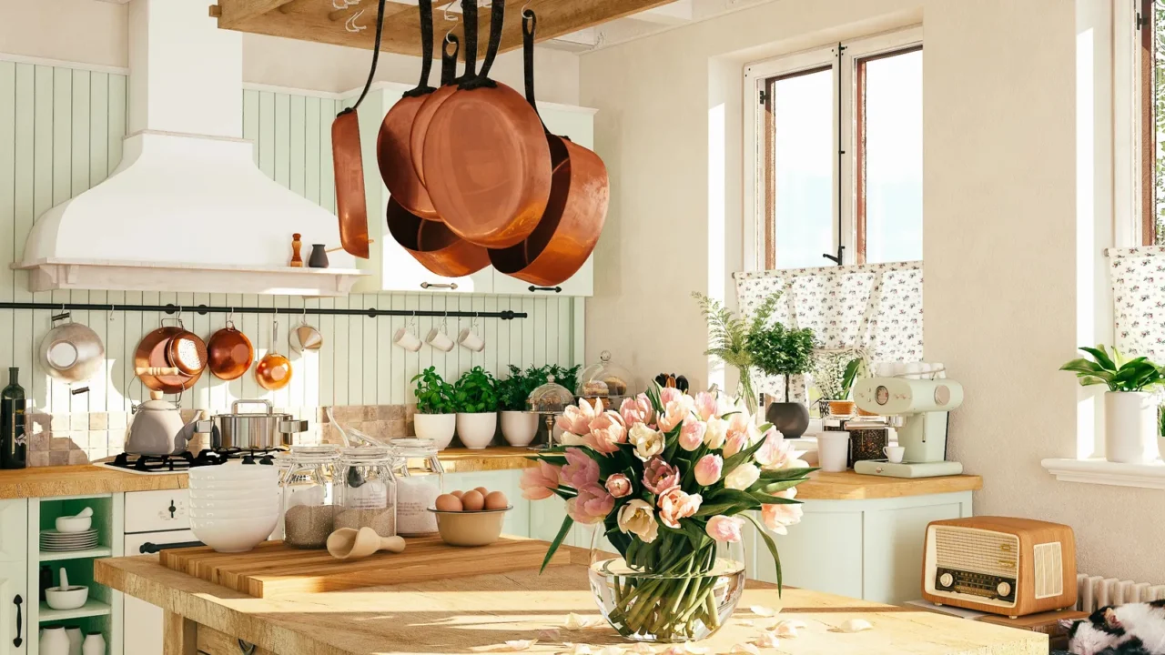 retro kitchen in a cottage with sleeping cat 3d rendering