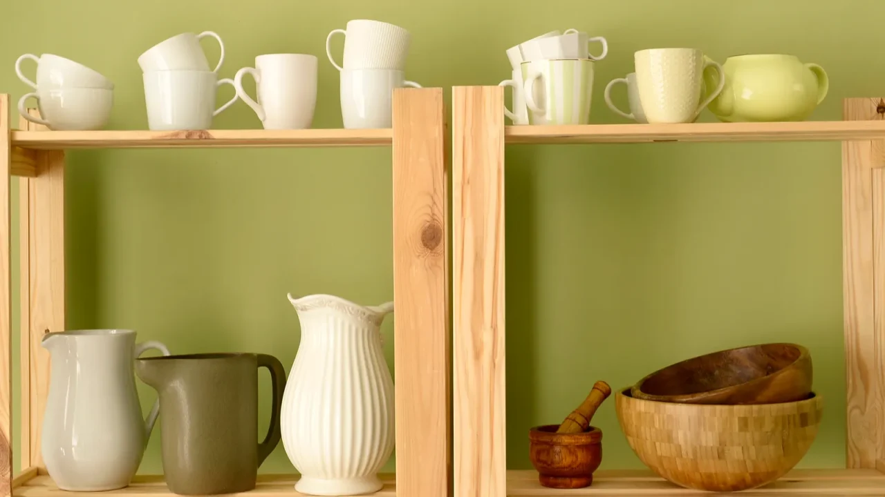 set of clean dishes on wooden shelves near color wall