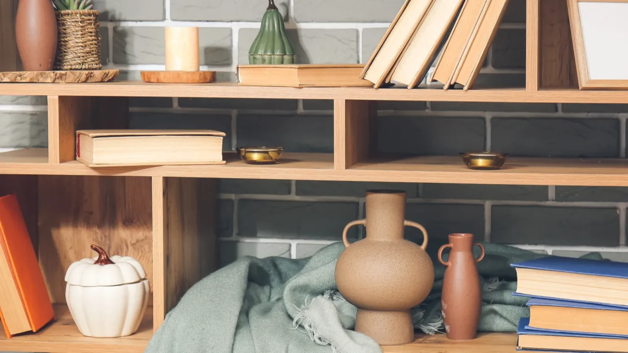 A wooden shelf with books, vases, candle, and ceramic decor accents.