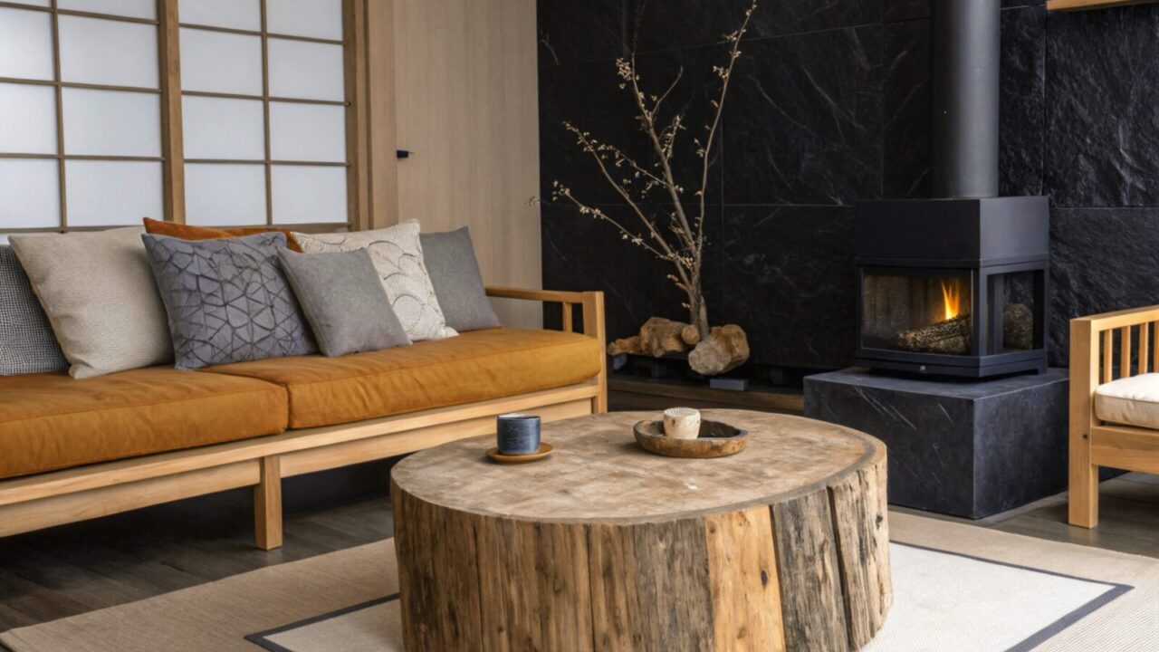 A living room interior with a wooden sofa, throw pillows, rug, dried branches, and a natural wood coffee table.