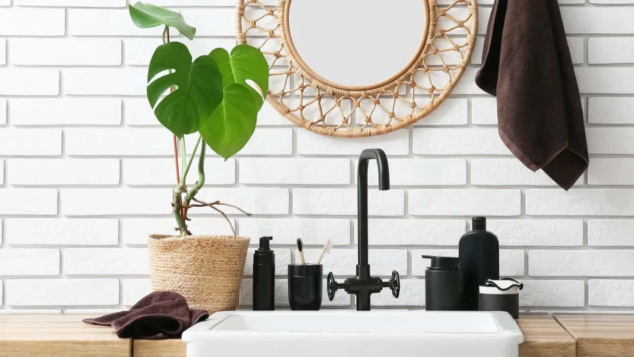 sink with bath accessories near white brick wall in bathroom