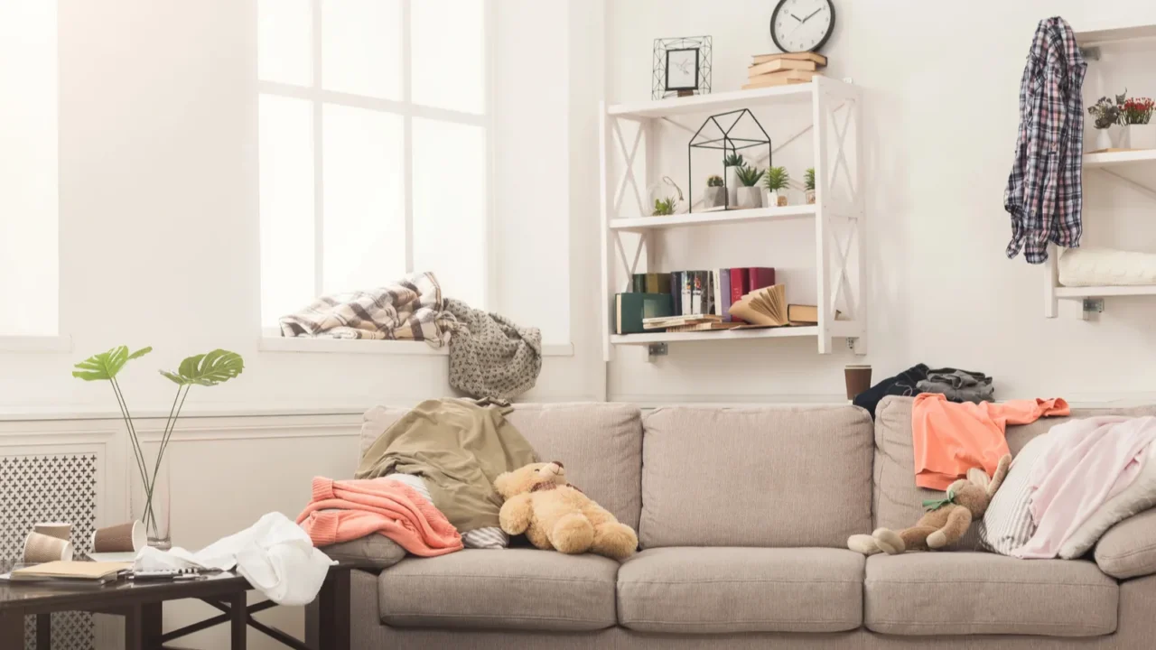 A messy living room interior with clothes and toys on a gray sofa, wooden side table, and white shelf.