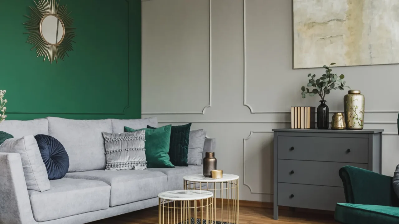 stylish emerald green and grey living room interior design with