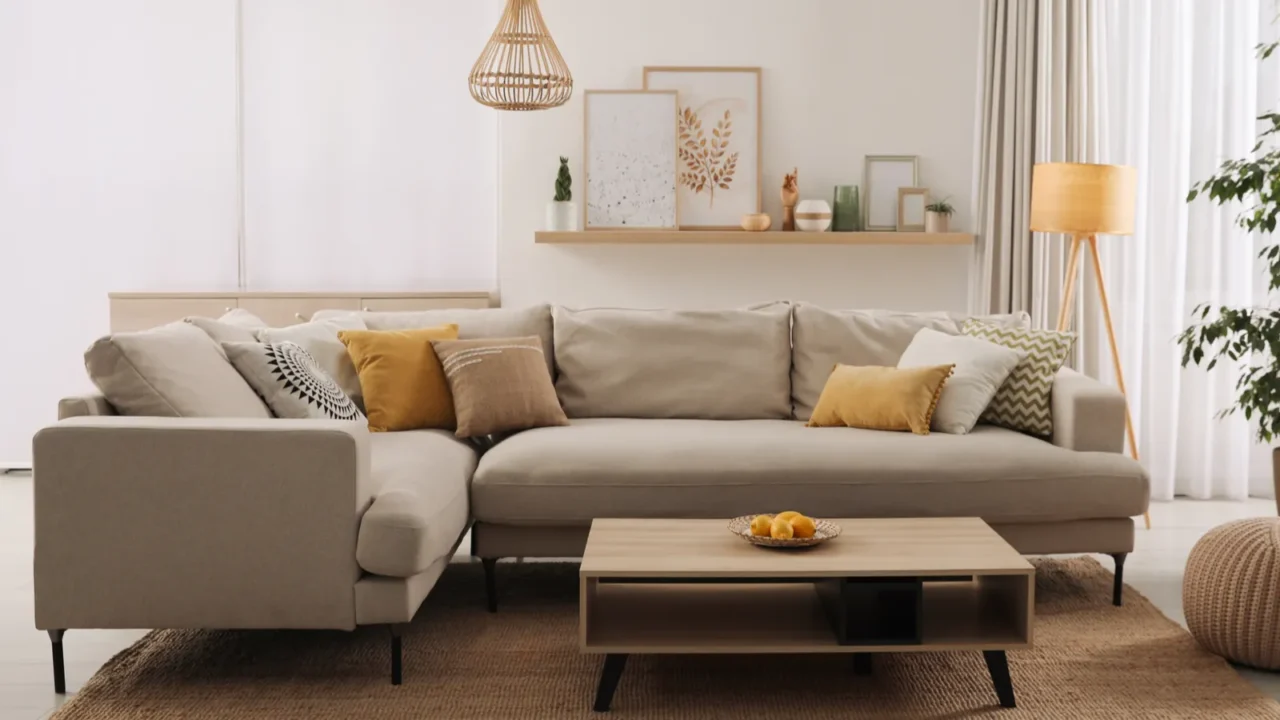 A stylish living room interior with comfortable grey sofa, wooden coffee table, jute rug, floor lamp, and floating shelf with framed posters and decor accents.