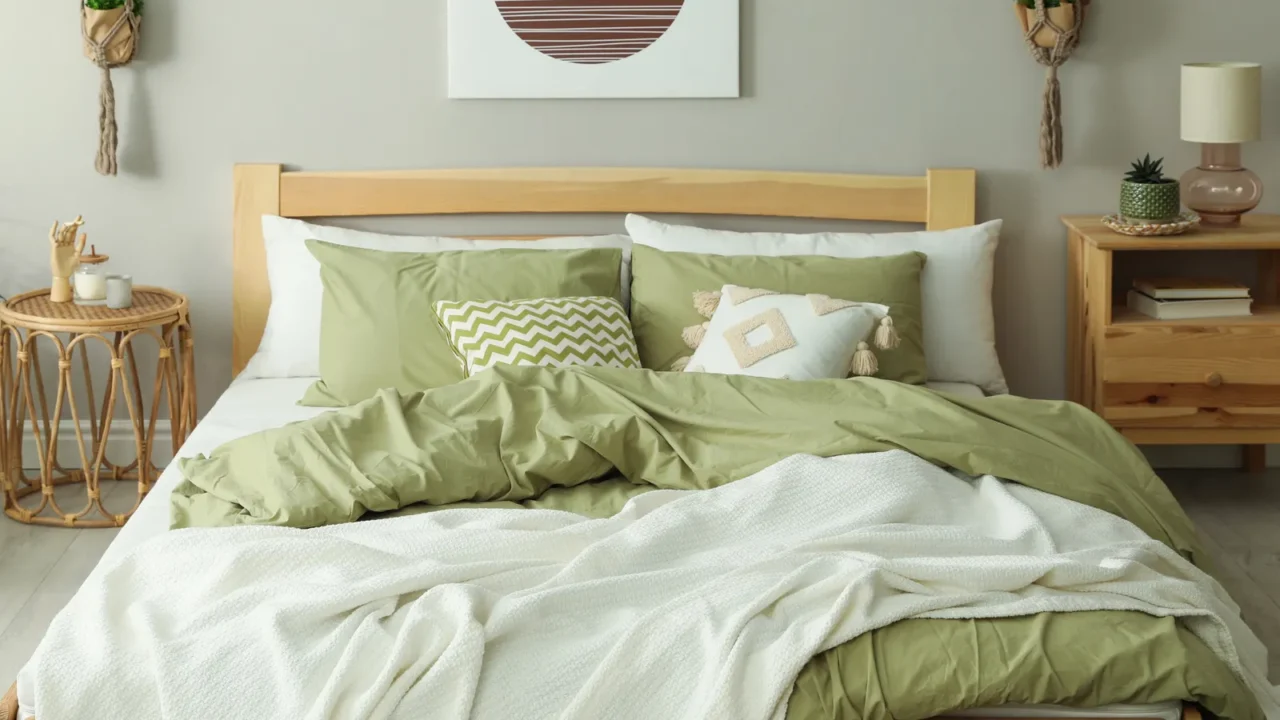 A stylish bedroom setup with soft bedding, decorative pillows, and a charming side table displaying flowers and books.