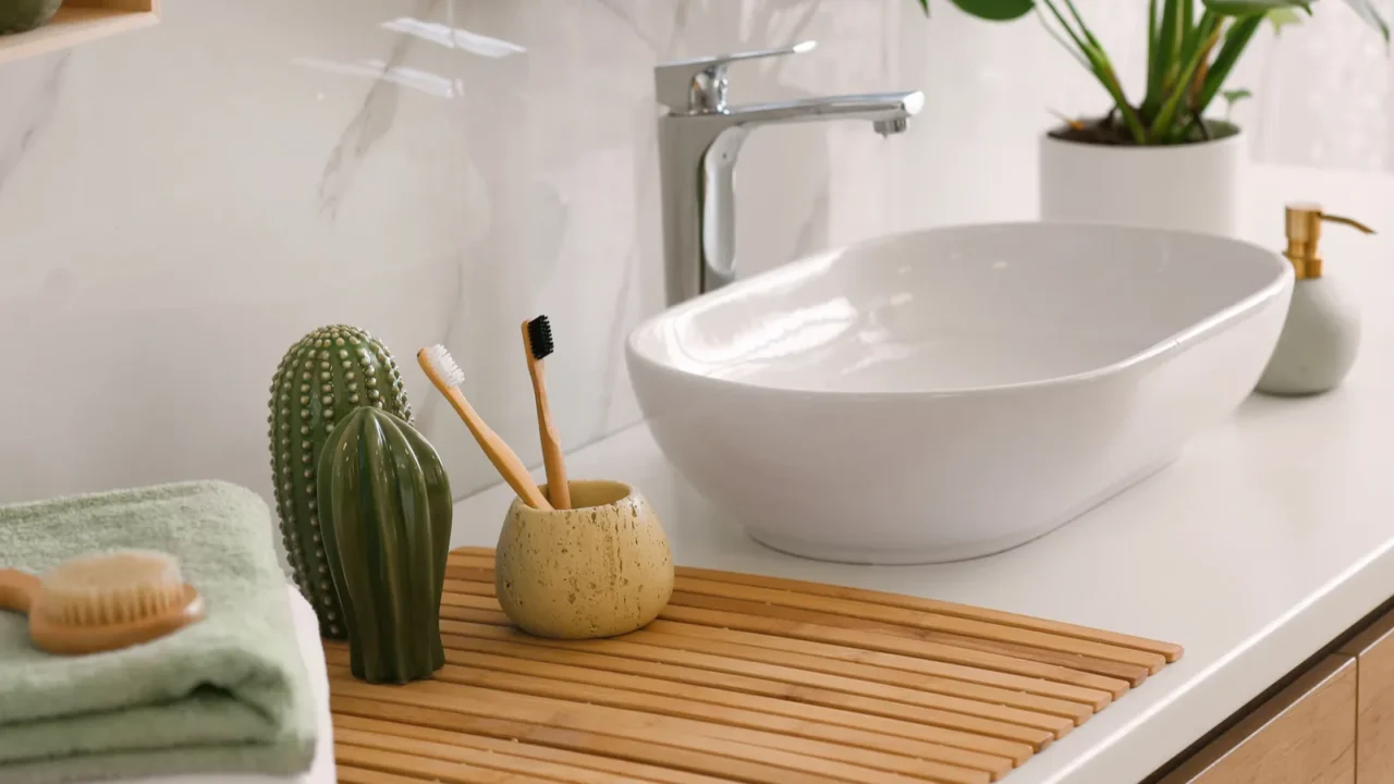 stylish vessel sink on light countertop in modern bathroom