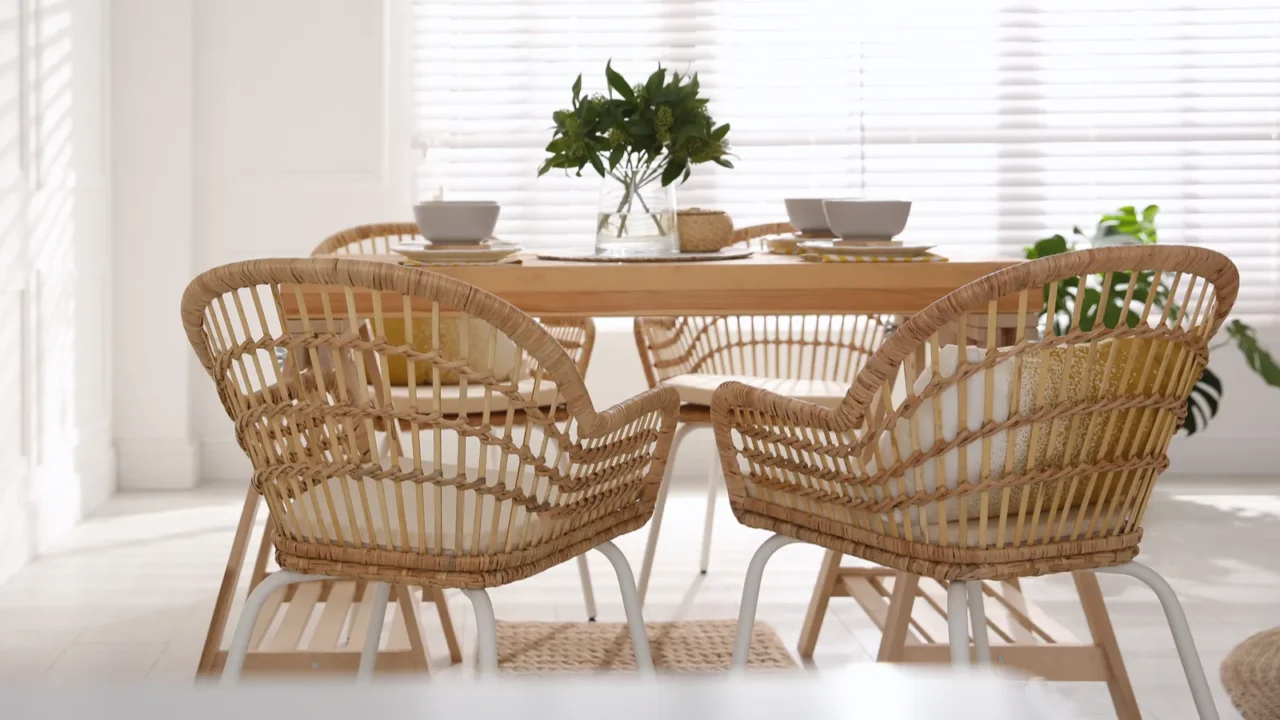 stylish wooden dining table and chairs in room interior design