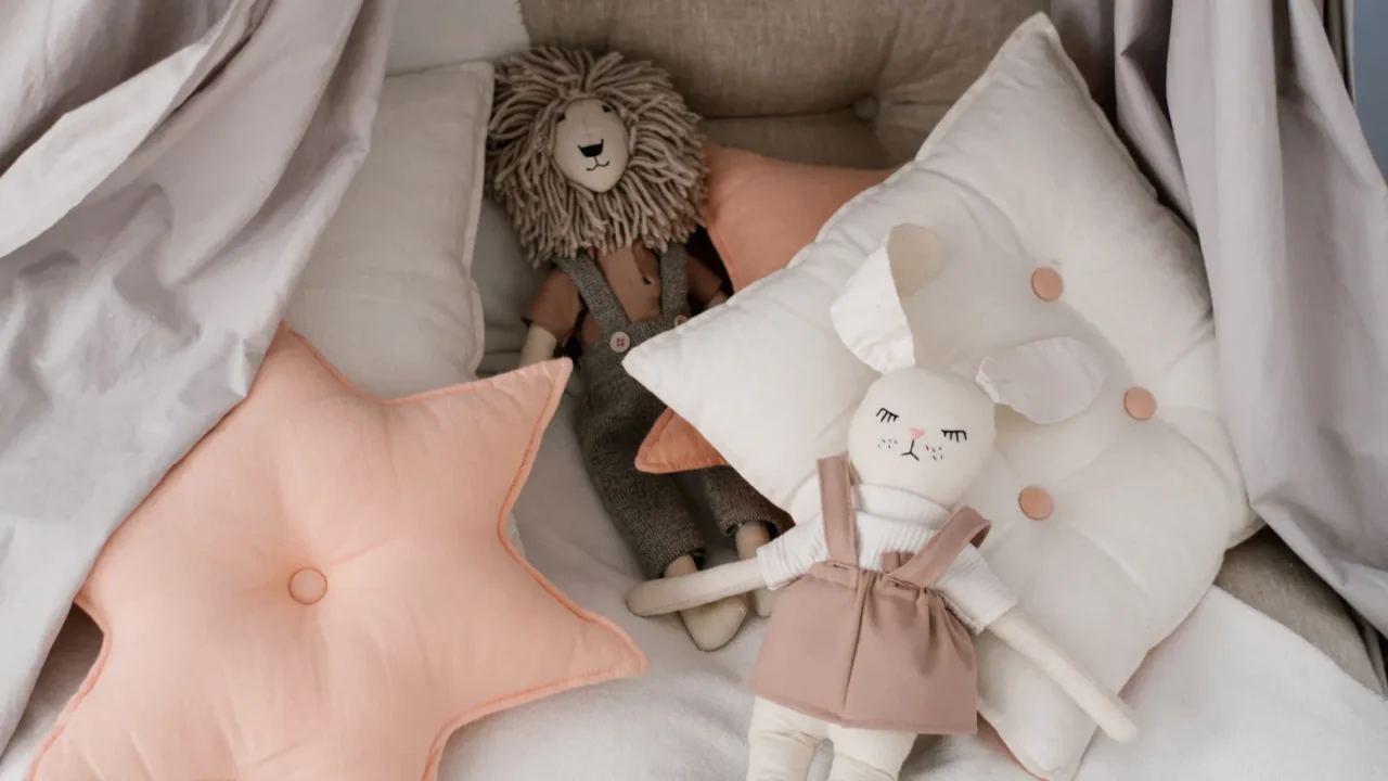 various pillows square and sprocket soft toys on the childrens