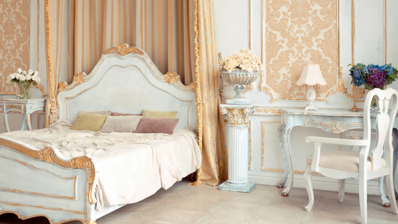 very rich interior of the apartment with golden decorations on