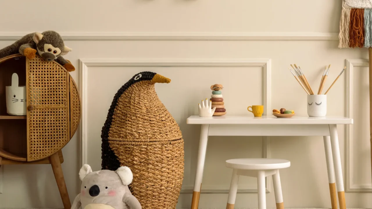 warm and cozy kids room interior with white desk stool