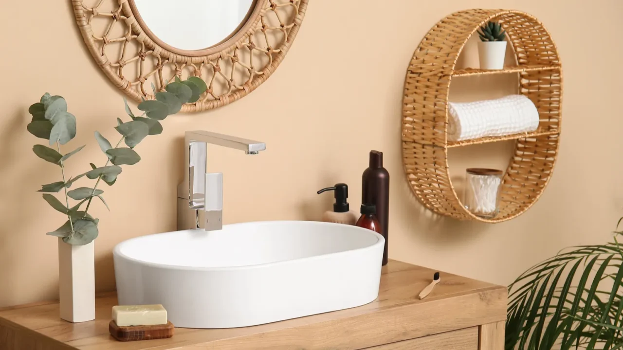 white ceramic sink and wooden chest of drawers in bathroom