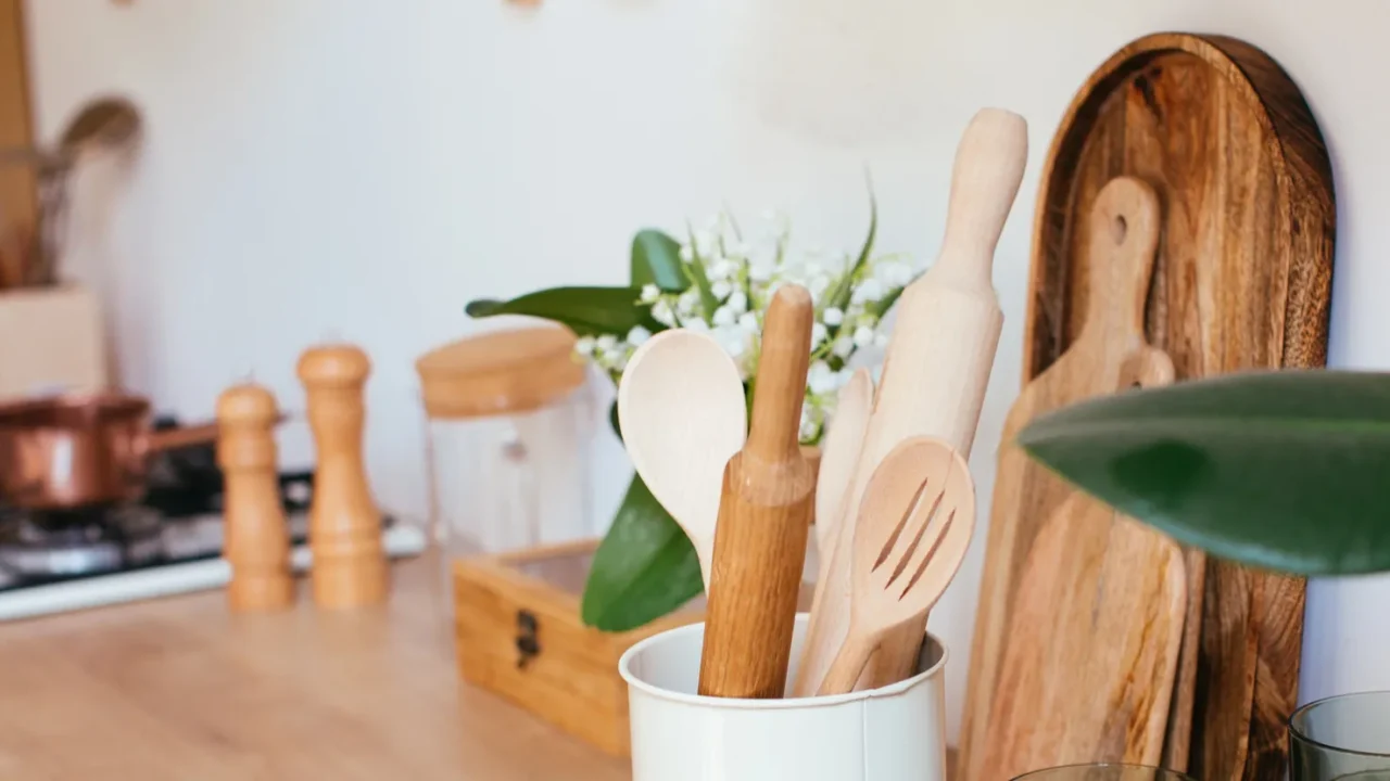 wooden rustic kitchen table minimalistic interior utencils on the table