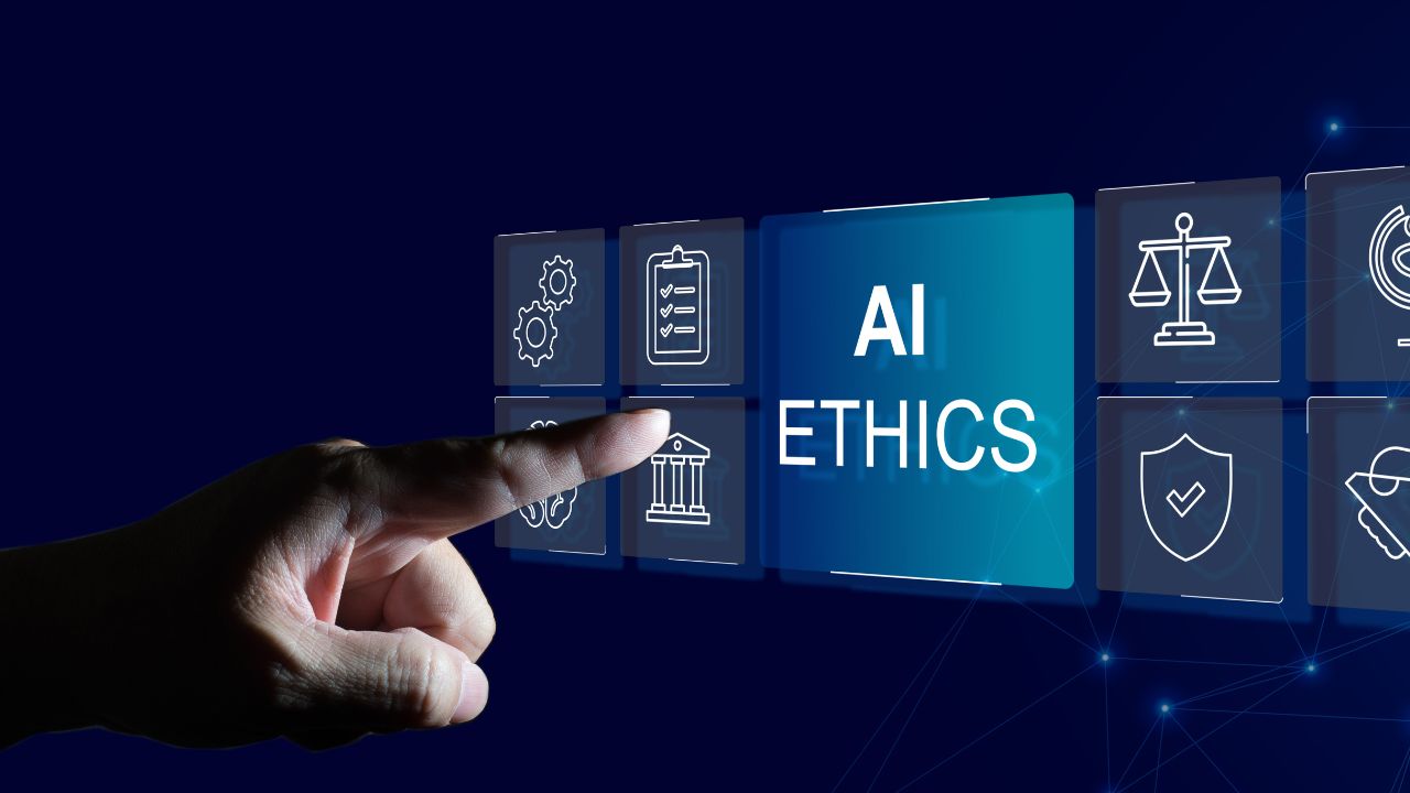 A finger selects "AI Ethics" from a digital interface with various icons.