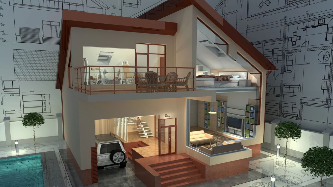 3D rendering of a house with architectural plans in the background.