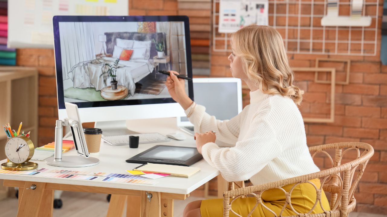 Designer creating a digital rendering of a bedroom.