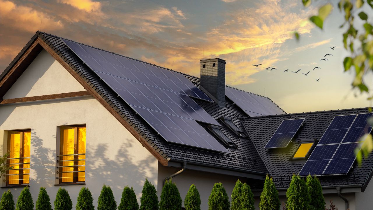 A house with solar panels on sloped black roof during sunset with birds flying in the sky.