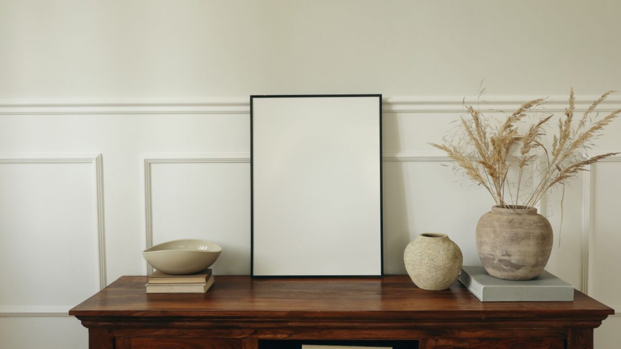 A wooden table with a blank picture frame in the center, flanked by a bowl on books to the left and two vases to the right.