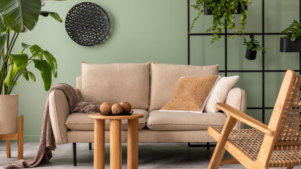 A living room interior with beige sofa, small wooden coffee table, houseplants, and rattan armchair.