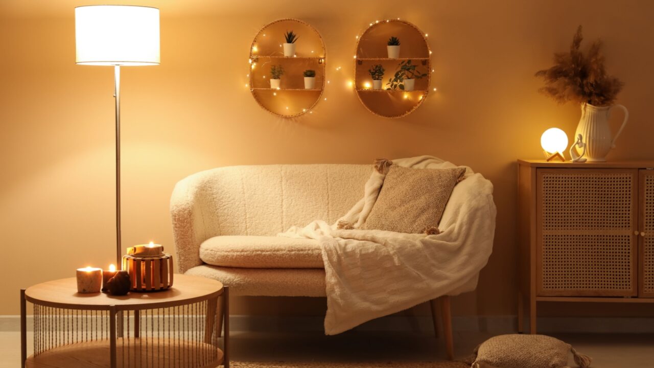 A cozy living room interior with sofa with throw pillows and blanket, floor lamp, coffee table with burning candles, and wooden floating shelves with string lights around them.
