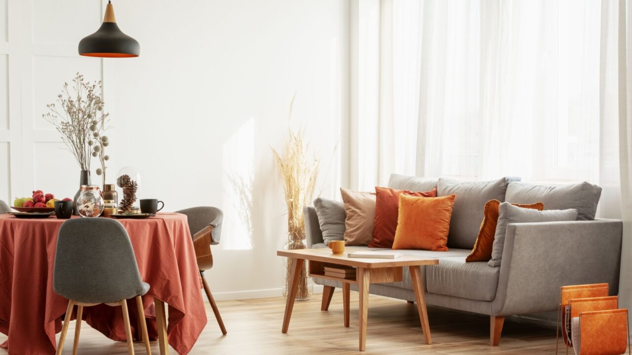 Modern living room with a grey sofa, colorful pillows, and a wooden coffee table.