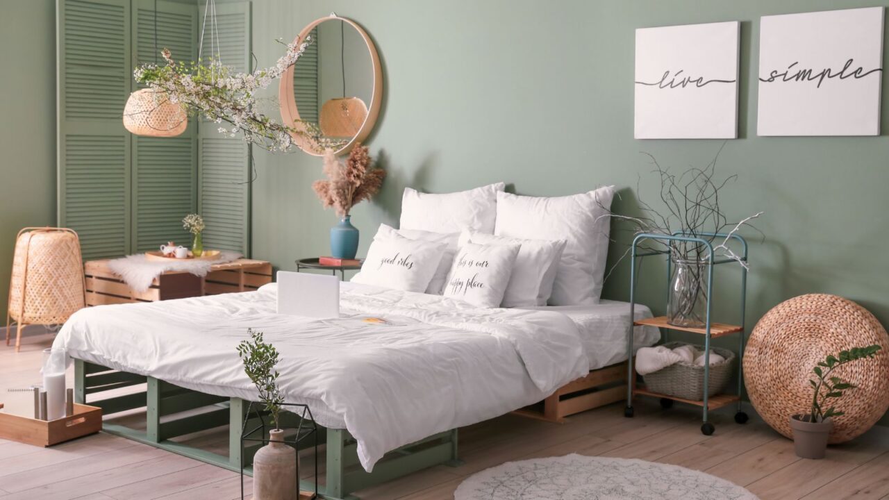 A mint green bedroom interior with cozy bed, rug, woven light fixture, and simple wall art.