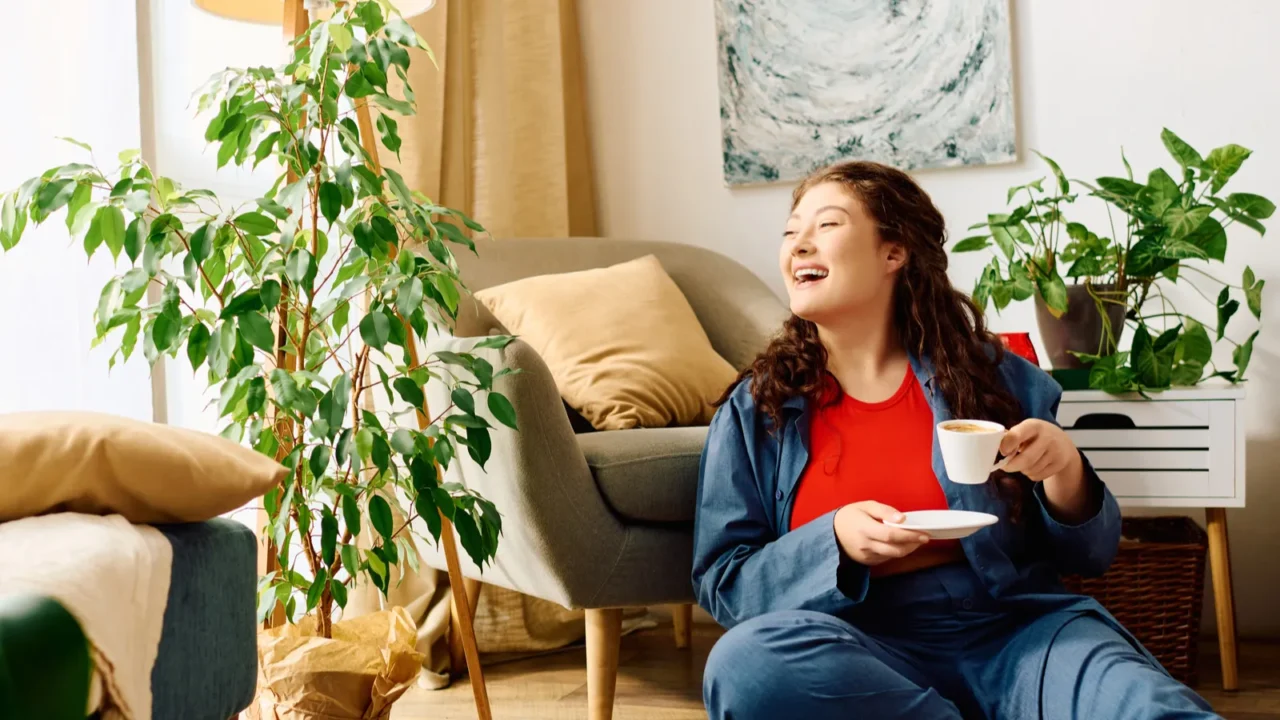 a cheerful young woman with curly hair relaxes at home