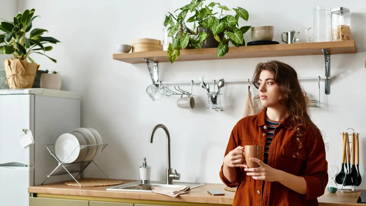 a woman stands quietly in a welcoming kitchen lost in