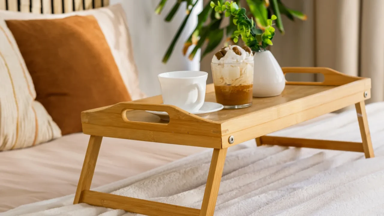 a wooden tray holds coffee and a dessert on a