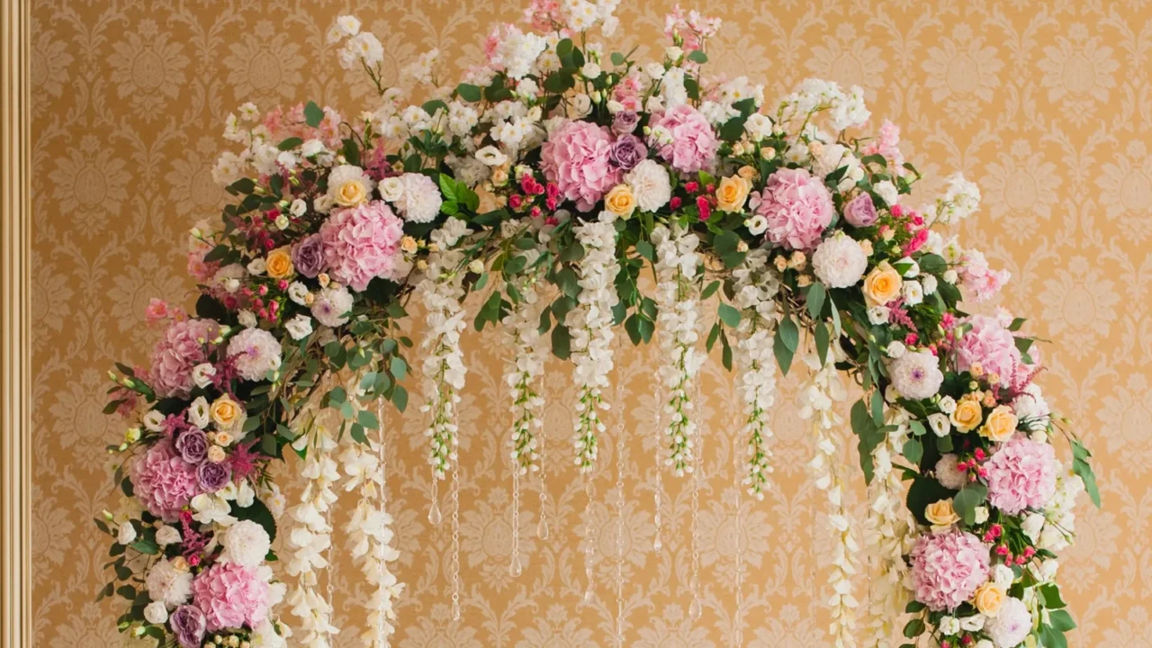 archway decorated with colorful flowers
