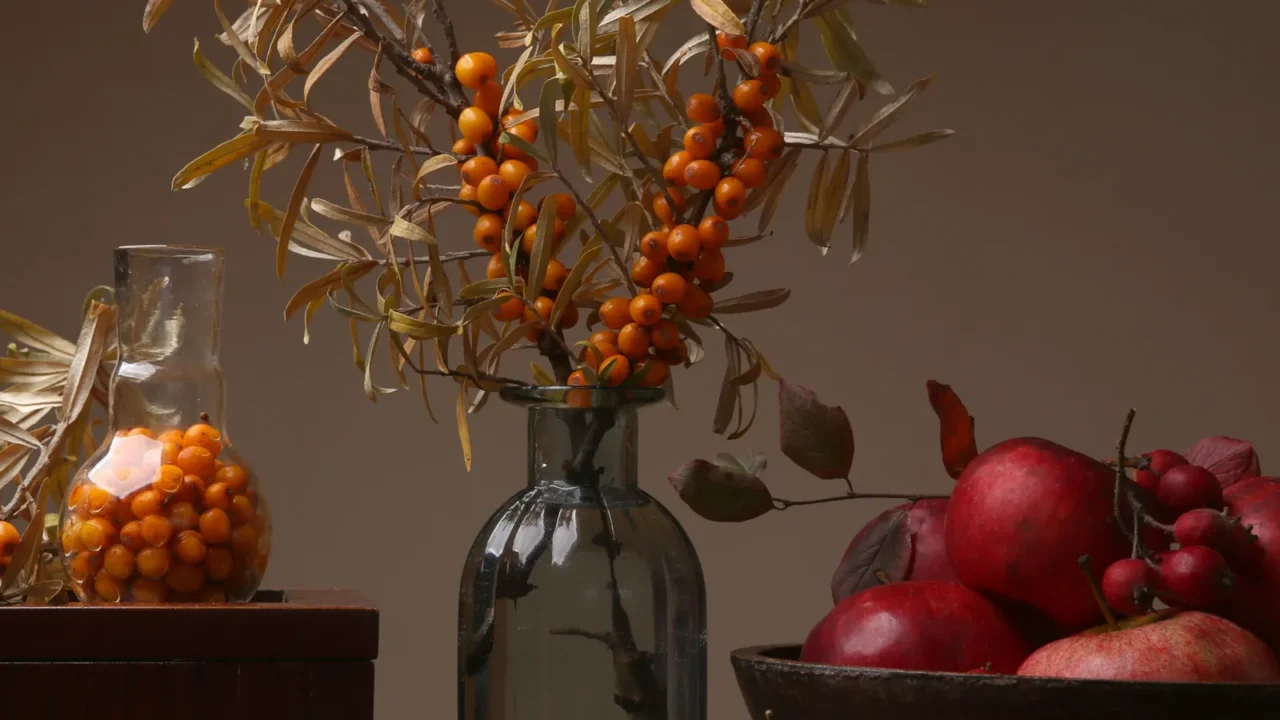 autumn still life with sea buckthorn hawthorn berries and apples