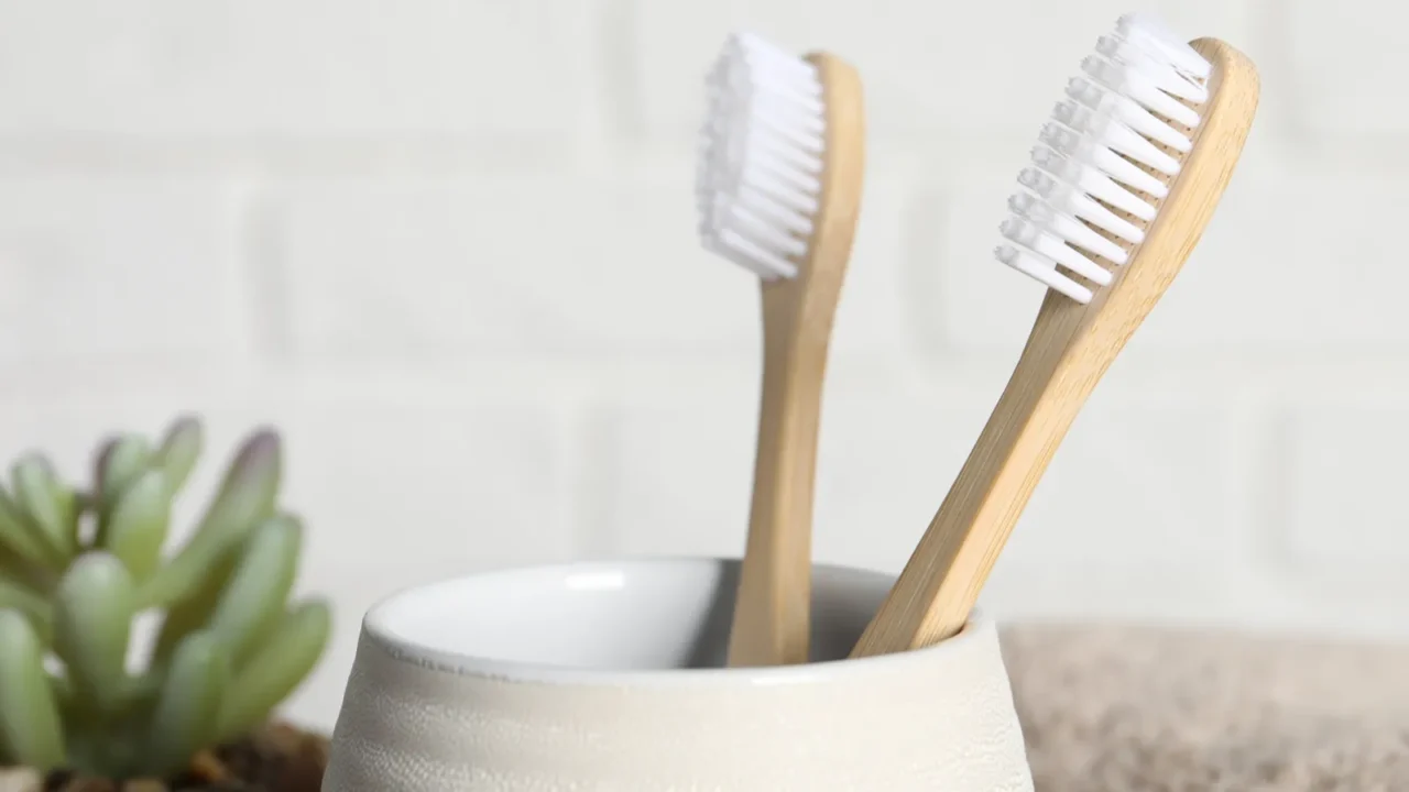 bamboo toothbrushes in holder on blurred background closeup