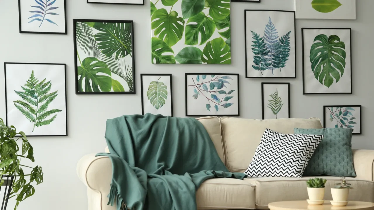 beautiful artworks and comfortable couch in stylish room interior design