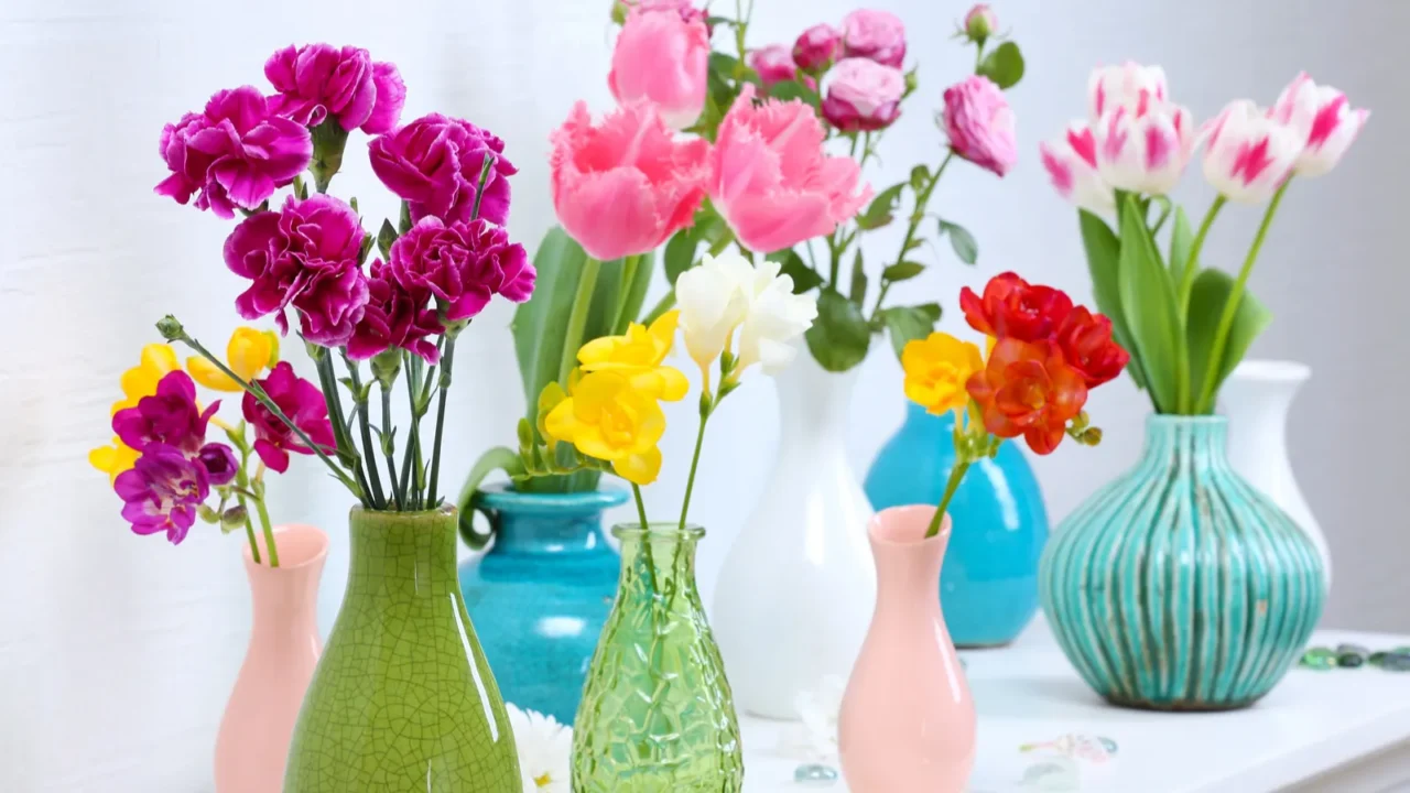 beautiful composition with different flowers in vases on wall background