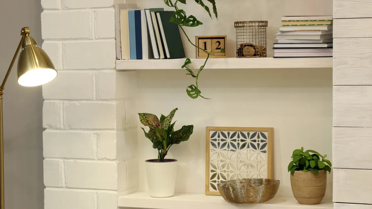 beautiful green plants and different decor on shelves indoors interior
