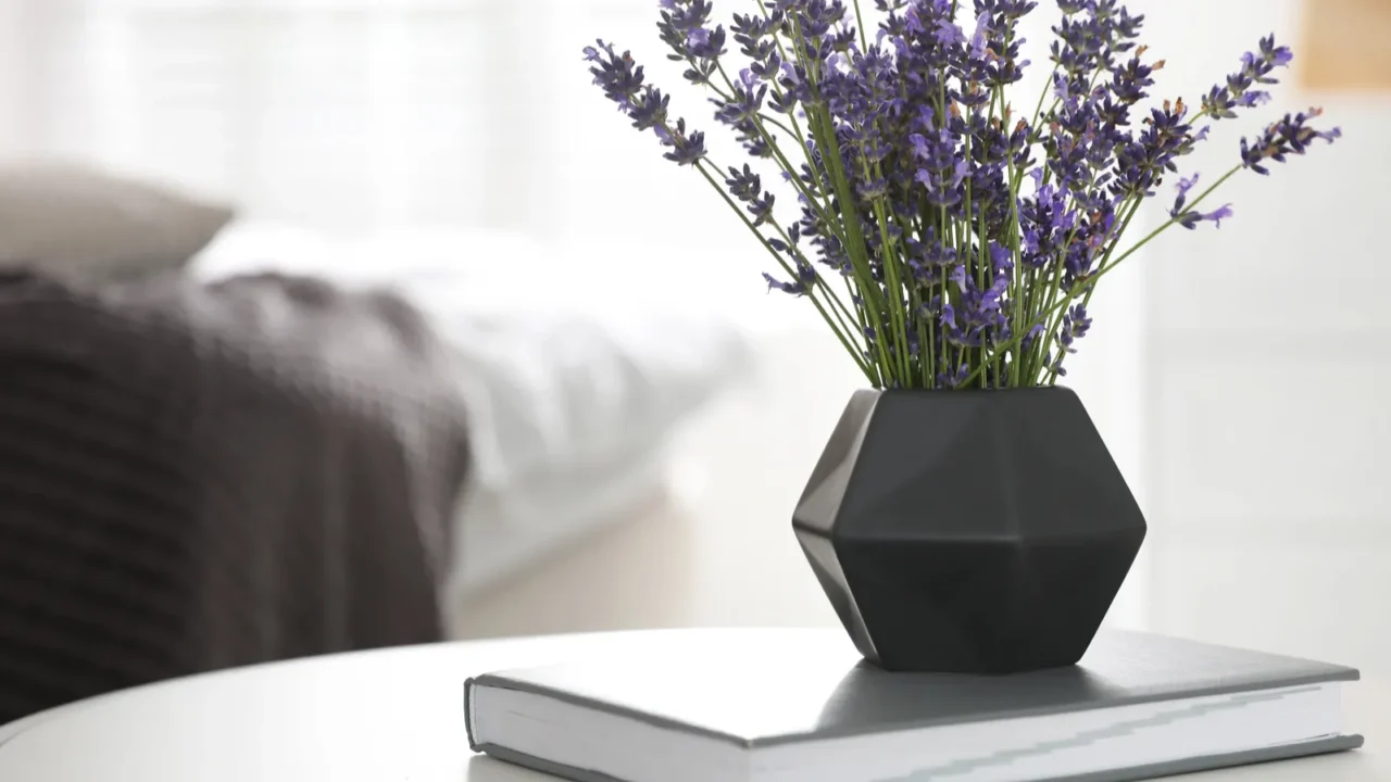 beautiful lavender flowers and book on white table indoors space