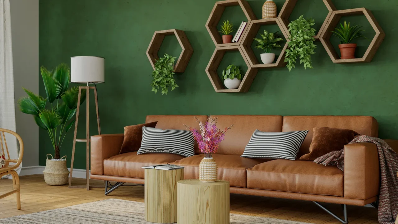 beautiful living room with green walls and wooden hexagon shelves