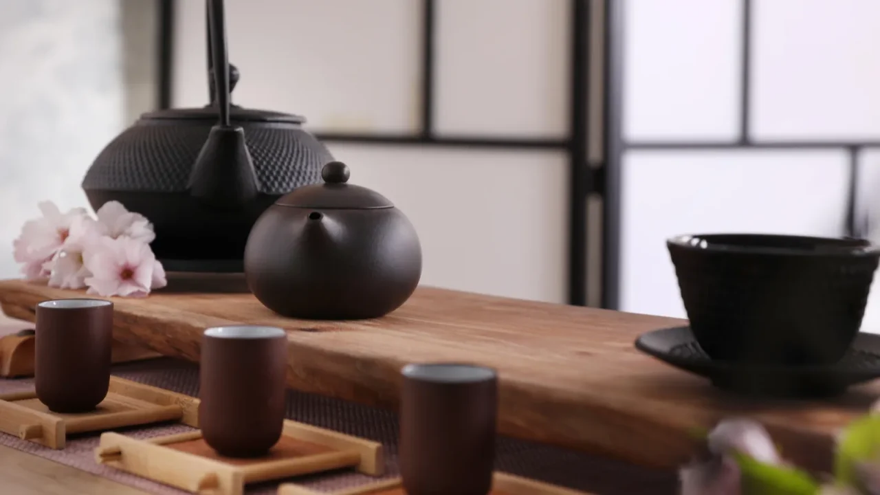 beautiful set for traditional tea ceremony and sakura flowers on