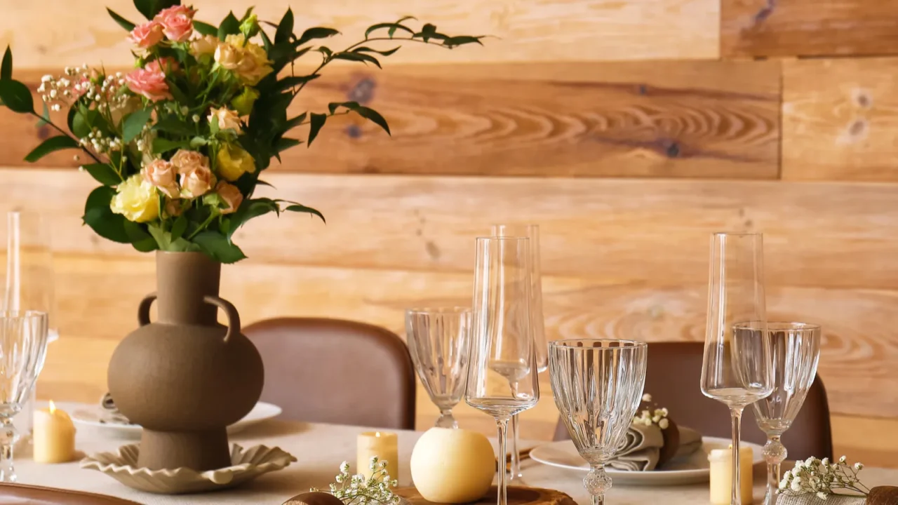 beautiful table setting for wedding celebration in dining room