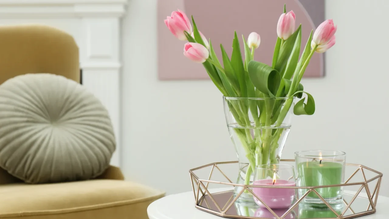 beautiful tulips and burning candles on white table indoors space