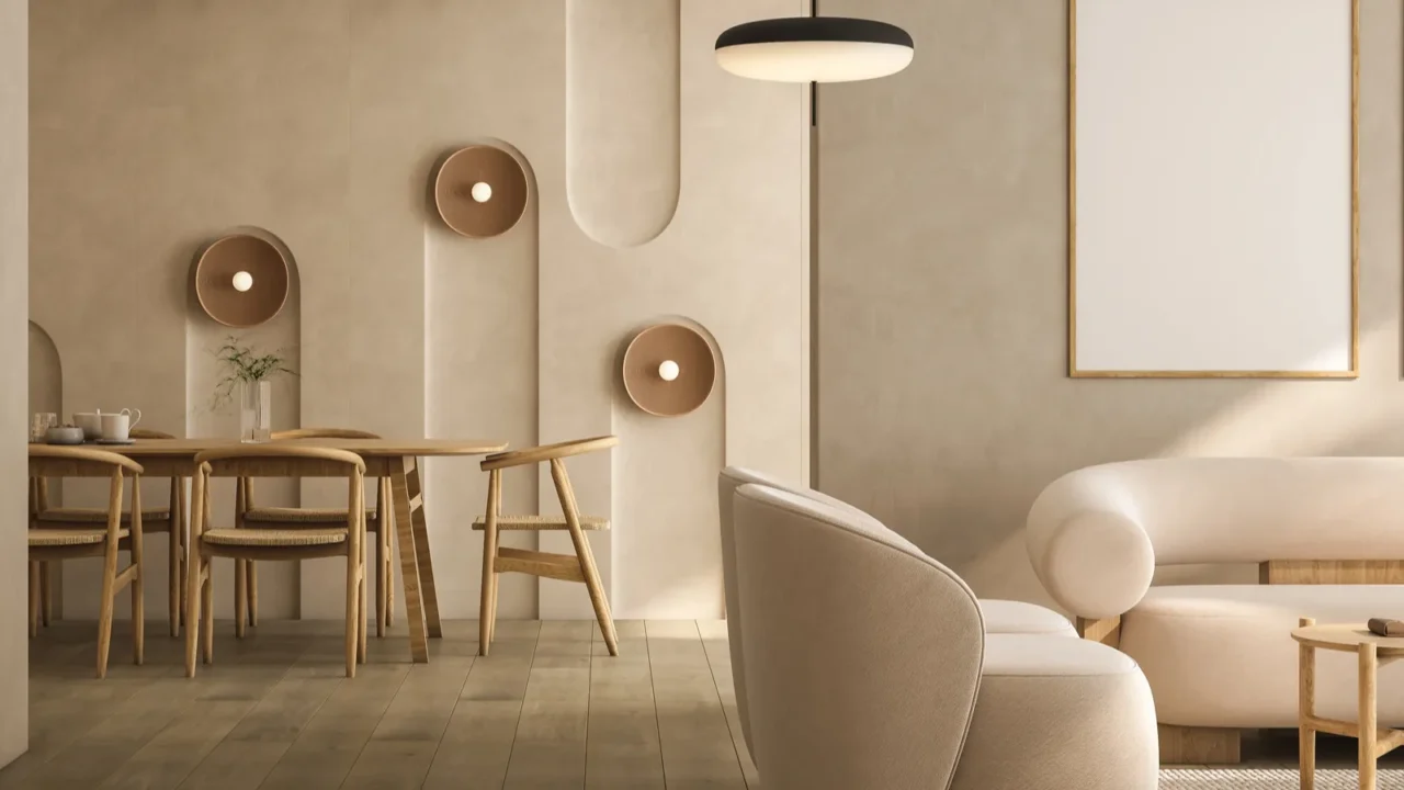 beige living room interior with sofa and armchairs coffee table