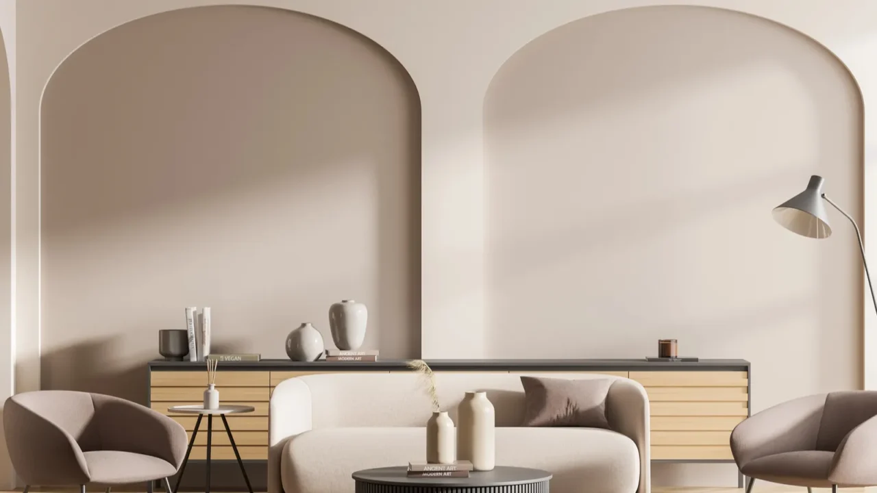 beige living room interior with wall arches small sofa with