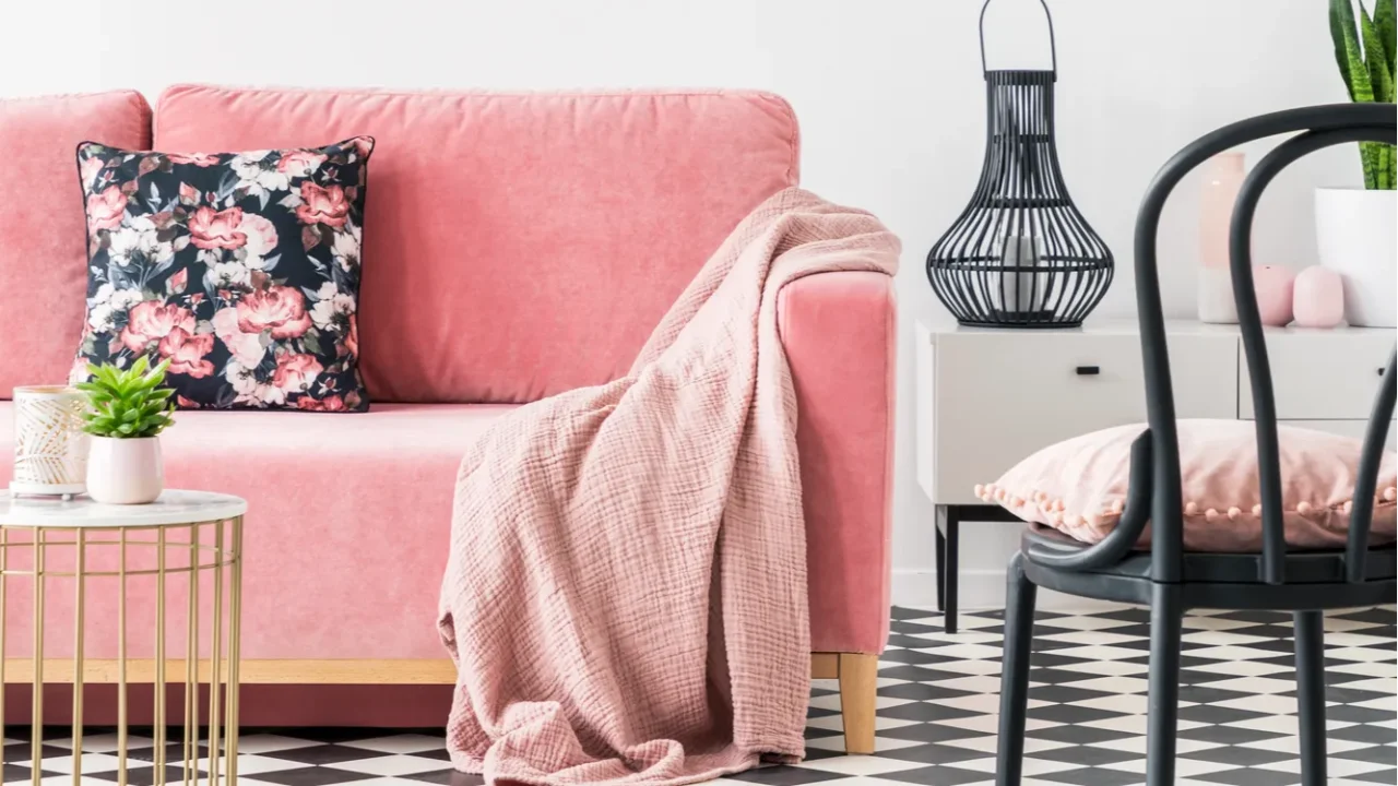 black chair near pink couch in modern living room interior